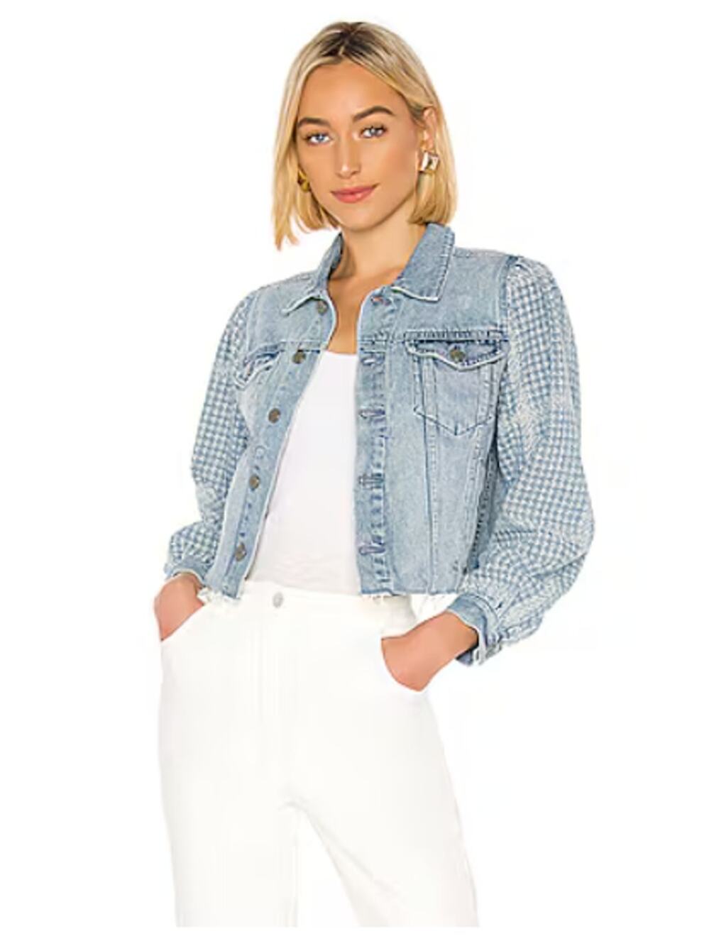GRLFRND Etta Denim Jacket In Paparazzi Womans M Jacquard Weave Cropped Raw Hem